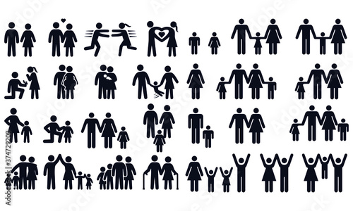 Love and family life black & white icon set,Life cycle and aging process. Vector icon set