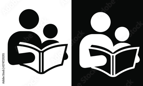 reading and children icon on black and white vector design 
