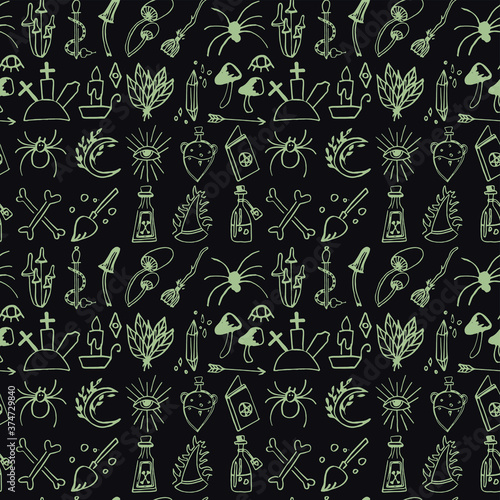 Halloween pattern with doodle vector element as crosses, graves, spider net, magic poison, witch broom, moon and etc. Background about esotericist and magic. 
