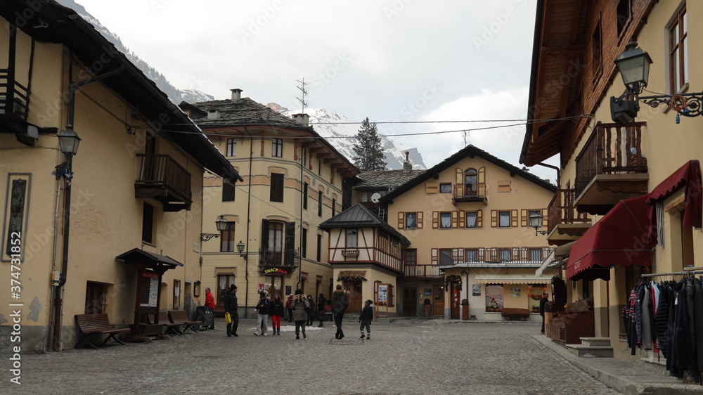 Gressoney Saint-Jean in Italy. The square in the central of the village.