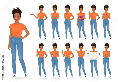Young african woman in casual style clothes set different gestures isolated vector iilustration