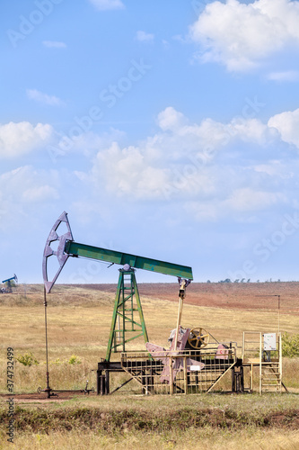 Oil pump jack in operation on agricultural field, blue sky, vertical