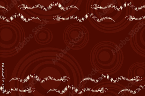 Seamless horizontal border pattern with snake and smooth round shapes on background. Space for text. Australian art. Aboriginal painting style. Stylized lizards. Vector color background.