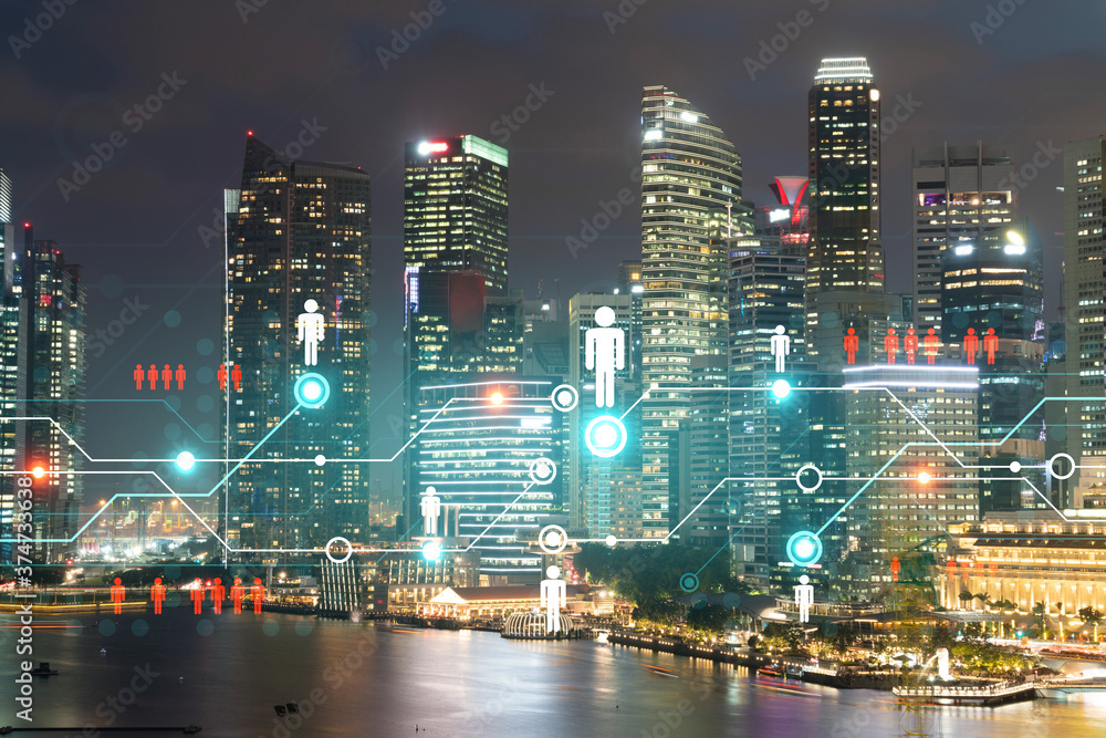 Fototapeta premium Glowing Social media icons on night panoramic city view of Singapore, Asia. The concept of networking and establishing new connections between people and businesses. Double exposure.