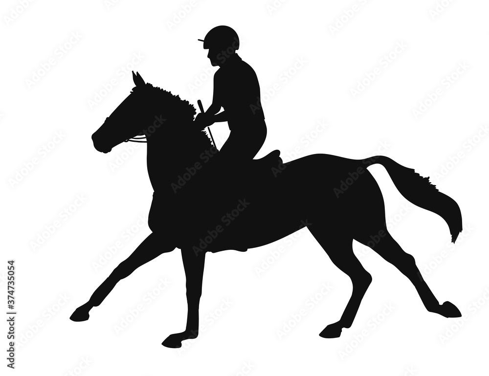 Vector silhouette of a horseman riding a horse on a event track