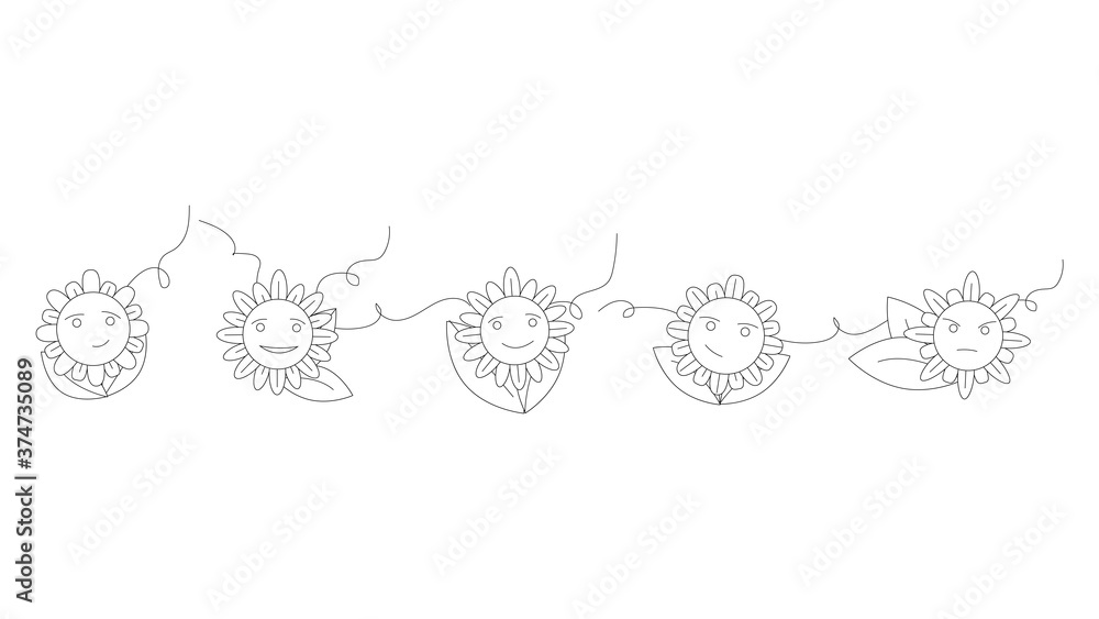doodle sunflower illustration for print black and white, covering, fabric style, art, kids illustration, pattern, no background, set of flowers with emotions