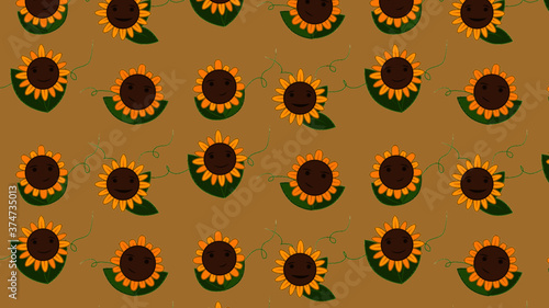 pattern with emotions sunflowers on beige background with leaves for print on notebook, diary, poster, banner, kids illustration, bed linen