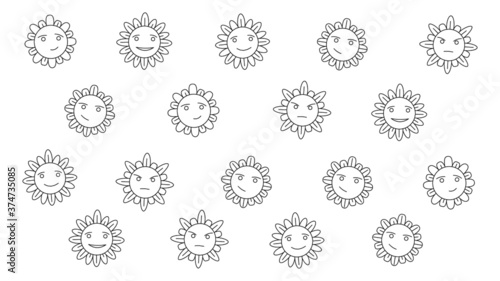 doodle sunflower illustration for print black and white, covering, fabric style, art, kids illustration, pattern, no background, set of flowers