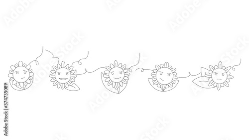 doodle sunflower illustration for print black and white, covering, fabric style, art, kids illustration, pattern, no background, set of flowers with emotions