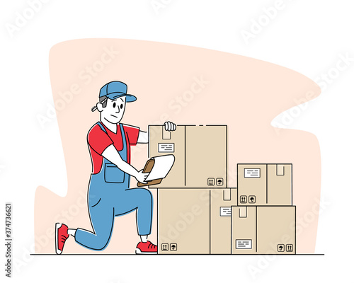 Logistic, Freight Accounting and Inventory. Worker Work in Warehouse with Boxes Checking List of Goods for Distribution