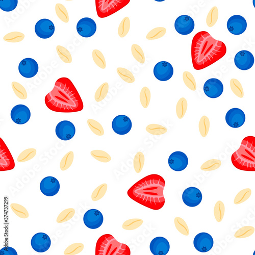 Seamless pattern with granola, muesli, strawberries, blueberries on white background. Healthy food, oat flakes, vector cartoon illustration.