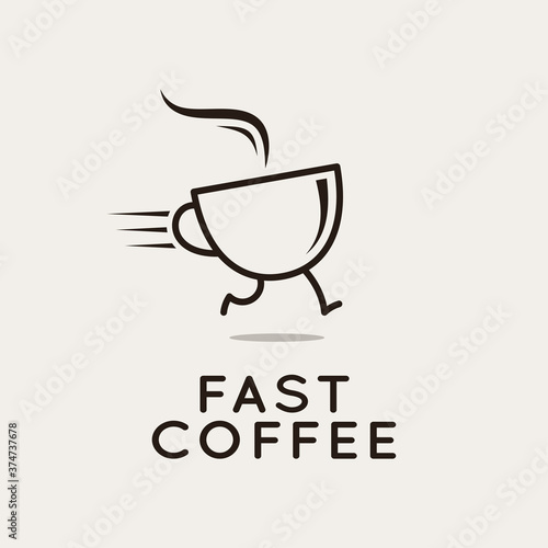 Fast coffee logo. Running coffee cup on white