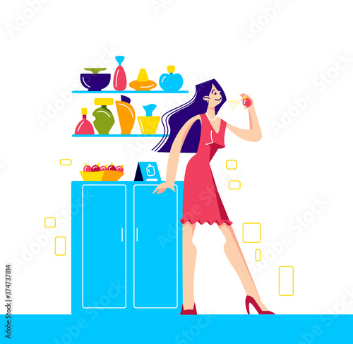 Young girl choosing new aroma in perfumery and cosmetics store