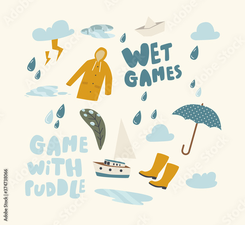 Set of Icons Games with Puddles. Water Rain Drops Fall from Sky, Umbrella, Rubber Boots and Paper Boat, Cloud with Flash