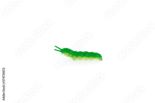 plastic toy insect - green caterpillar on the white background, isolated, close up