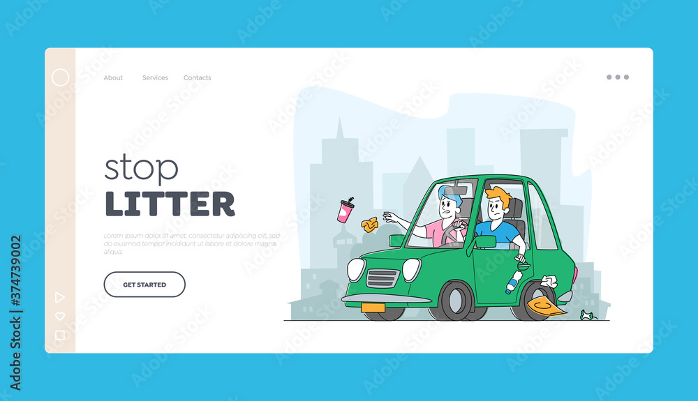 People Leaving Garbage on Street Landing Page Template. Male Characters Throw Litter through Car Window in City People Leaving Garbage on Street Landing Page Template. Male Characters Throw Litter through Car Window in City