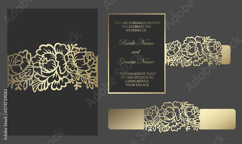 Floral laser cut wedding invitation bellyband. lace border, card wrap. slide inn envelope design for cutting plotter. photo