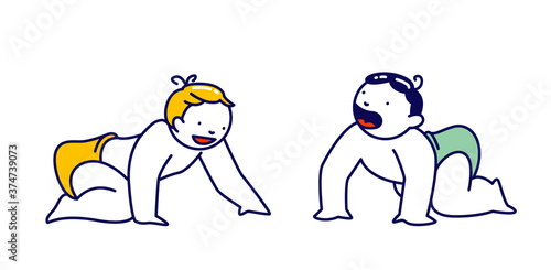 Baby Couple Little Boy and Girl in Diapers Crawl on Floor. Cute Children Male and Female Cute Brother and Sister Toddler