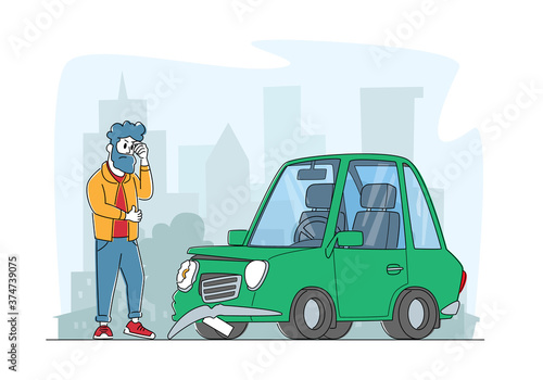 Car Accident on Road, Displeased Driver Dweller Male Character Standing on Roadside with Broken Automobile, City Traffic