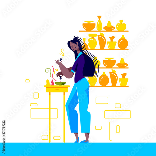 Woman creating new perfume. Cartoon female character mixing ingredients for new scent