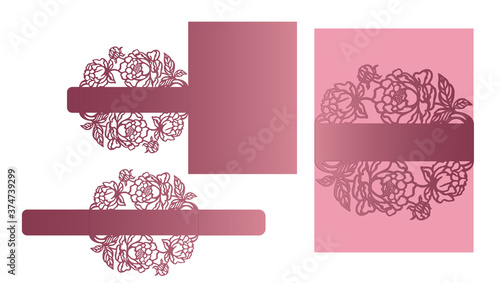Floral laser cut wedding invitation bellyband. lace border, card wrap. slide inn envelope design for cutting plotter.