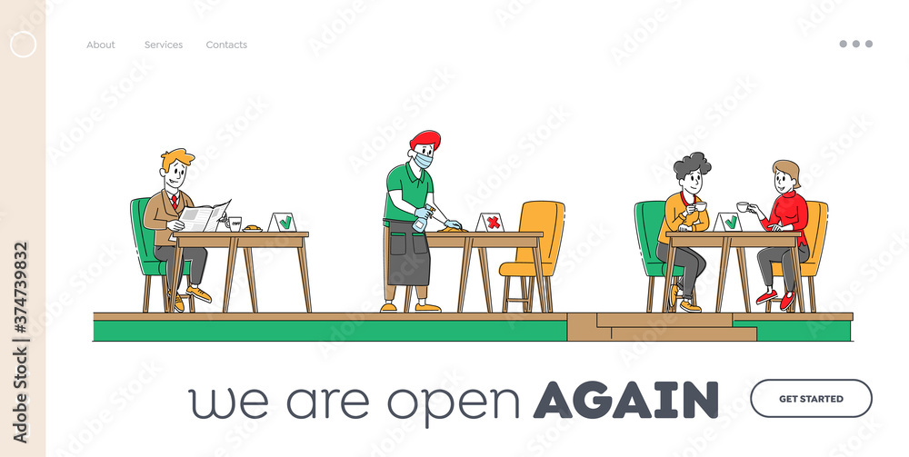 Restaurant Disinfection Landing Page Template. Coronavirus Infection Prevention, Characters Sit at Disinfected Cafe Restaurant Disinfection Landing Page Template. Coronavirus Infection Prevention, Characters Sit at Disinfected Cafe