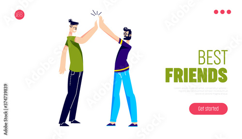 Best friends giving high five greeting or congratulating with success. Landing page