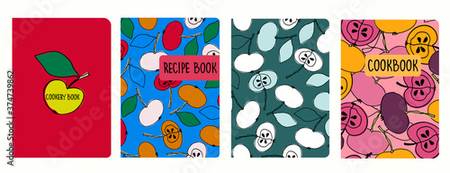 Cover page vector templates for recipe books based on seamless patterns with hand drawn apples, pears, plums. Cookery books cover layout. Healthy fruit, vegan food concept