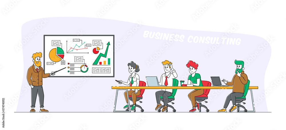 Meeting with Employees, Business Consulting. Company Leader or Coach Pointing on Graphs, Explaining Company Strategy