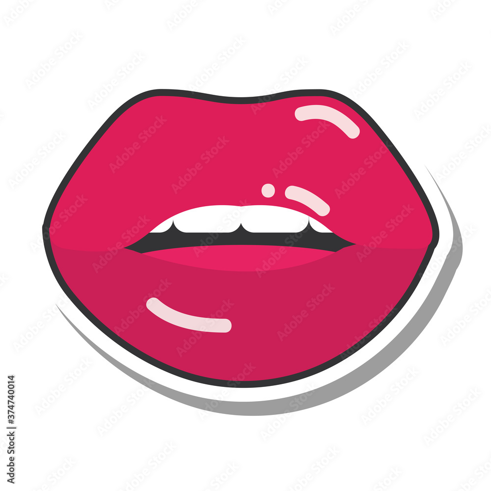 pop art mouth and lips, red kissing sexy girl lips, line and fill icon