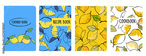 Cover page vector templates for recipe books based on seamless patterns with hand drawn lemons. Cookery books cover layout. Healthy fruit, vegan food concept photo