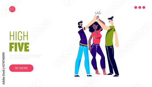 Friends communication, help and support landing page with people giving high five