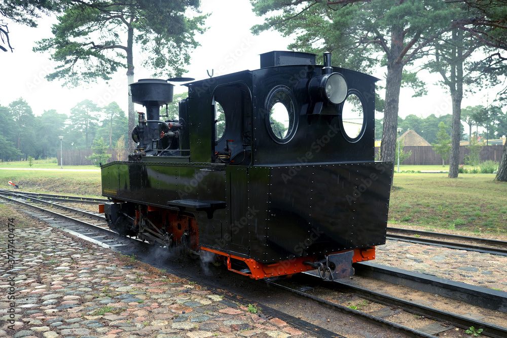 Steam engine. Narrow-gauge railway in an amusement park. Steam engine. Narrow-gauge railway in an amusement park.
