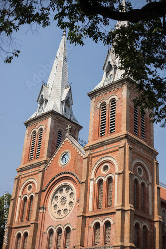 Ho Chi Minh City, Vietnam - March 2nd, 2020: Facade of the Notre-Dame Cathedral Basilica of Saigon officially Cathedral Basilica of Our Lady of The Immaculate Conception
