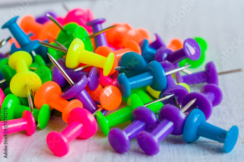 Push Pins multicolored Close up,Office paper fixing accessories and map pointers. 