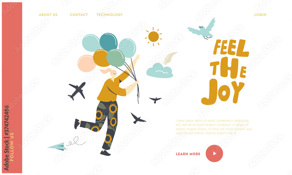 Happy Female Character Run with Balloons Landing Page Template. Escape Quarantine Isolation. Woman Escaping Crisis