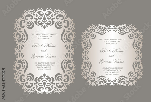 Laser cut wedding invitation template with lace border. flat frame card mockup.