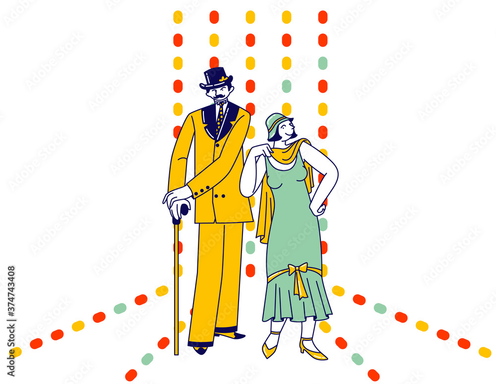 Famous Couple Elegant Man and Woman Wearing Dresses of Roaring 1920 Ages in Gatsby Style. Retro Party, Lifestyle