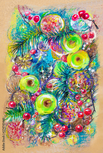 2021 New year. Drawing a Christmas tree with decorations with gouache and colored oil crayons. holiday of Christmas. Apples, red berries, Christmas decorations. Postcard.Background for the label. © Irina