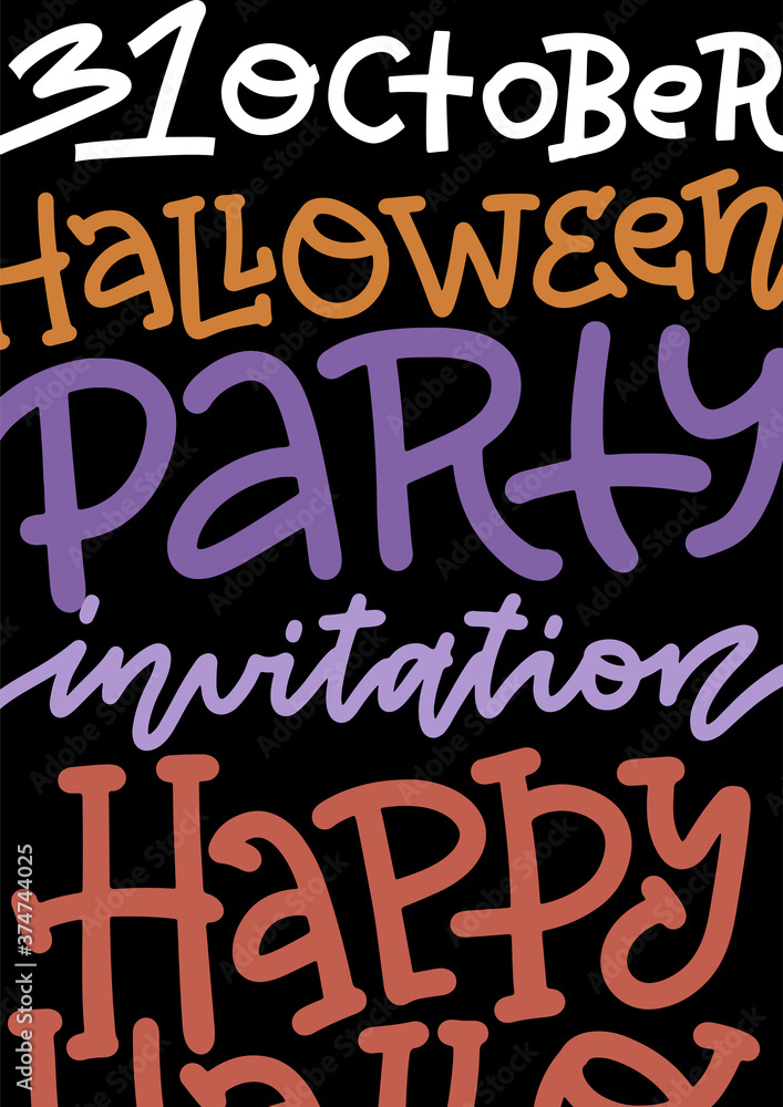 Halloween Party poster invitation template with handwritten lettering and decoration. Vertical A4 banner. Element for typography holiday design. Vector flat illustration.