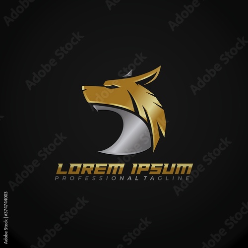 Luxury wolf vector logo template with golden abstract wolf head isolated in black background. Elegant corporate identity.
