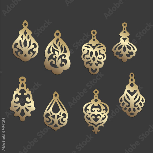 Wooden or faux leather earring design. Laser cut jewelry template. Ornate pendant vector design.