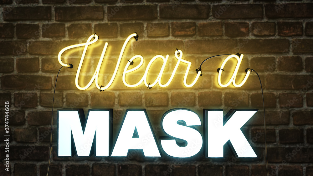 Obraz premium Neon sign on a brick wall background saying Wear a mask warning people to put on a mask due to the 2020 coronavirus covid-19 pandemic.