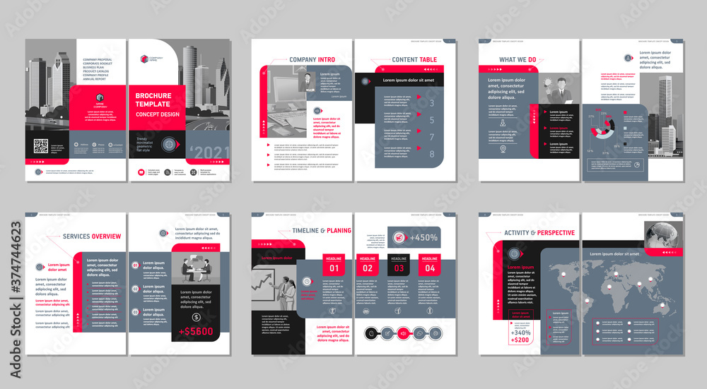 Brochure creative design. Multipurpose template, include cover, back and inside pages. Trendy minimalist flat geometric design. Vertical a4 format. - obrazy, fototapety, plakaty 