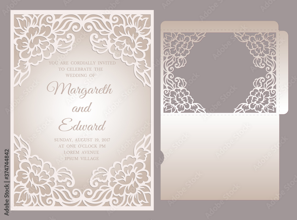 Floral laser cut frame pocket envelope for wedding invitations. ornamental wedding invite mockup. pocket envelope design.