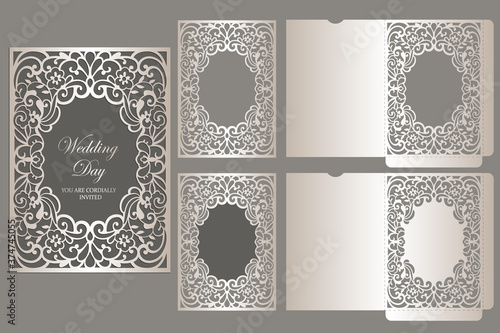 Laser cut wedding invitation pocket envelope template with lace border. Flat frame card mockup.