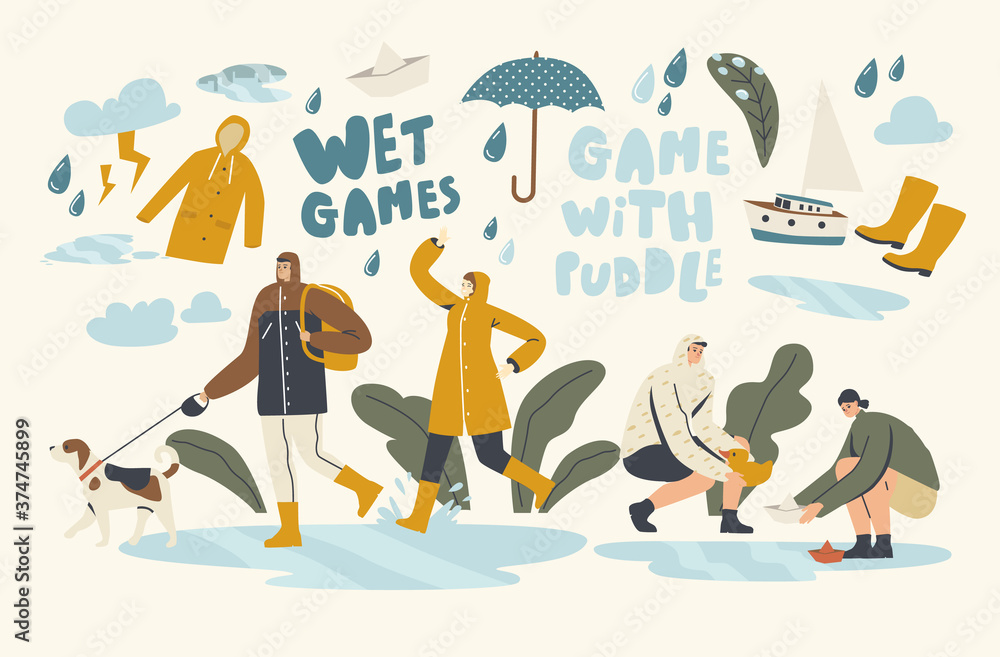 Wet Games with Puddles in Rainy Autumn or Spring Day, Weather. Happy Drenched Passerby Characters Wearing Cloaks, Boots