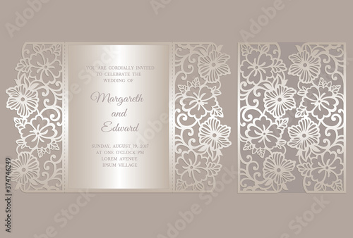 Floral Gate fold laser cut wedding invitation. Vector template for laser cutting.