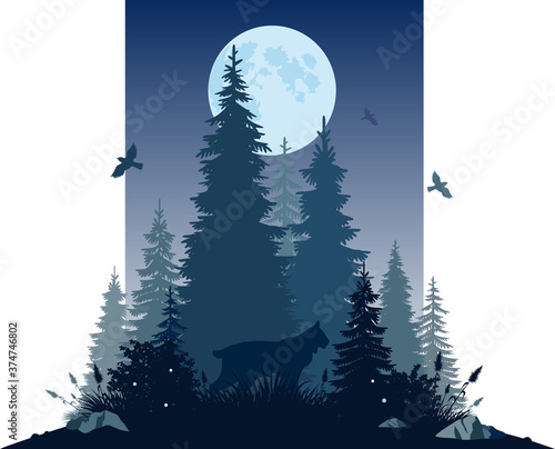 Vector composition of nature, animals and plants. Silhouette of a lynx against the background of the night forest, illuminated by the moon.