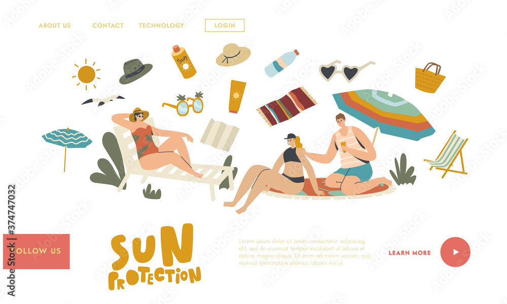 People Use Sun Protection Landing Page Template. Characters on Beach Put Sunscreen Cream on Skin. Summer Vacation, Ultraviolet Rays Hazard for Health Defence, Sunbath. Linear Vector Illustration